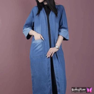 مانتو اسپرت زنانه جین مانتو طرح جین بلند اسپرت مدل جلو باز، آستین پاکتی و جیب پاکتی