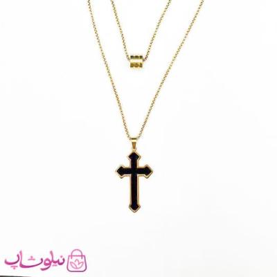 گردنبند مردانه دو لاین طرح صلیب مشکی طلایی کد 170
