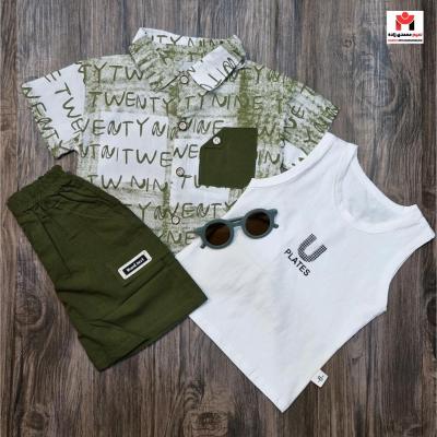 ست سه تیکه پیراهن و شلوارک وتاپ پسرانه سایز 35-40