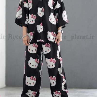 ست پیراهن و شلوار پیژامه راحتی هلو کیتی رنگ مشکی