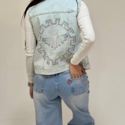 وست جین یخی پشت نگین پارچه ترک قد 55