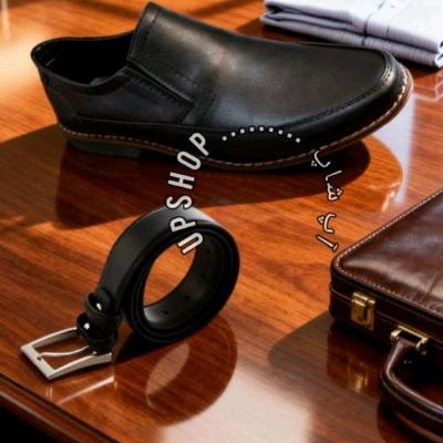ست هدیه کفش و کمربند مردانه چرم کفش لژدار راحت + کمربند چرم نیک