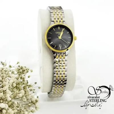 ساعت CITIZEN بند استیل دو رنگ با صفحه مشکی کد 19952