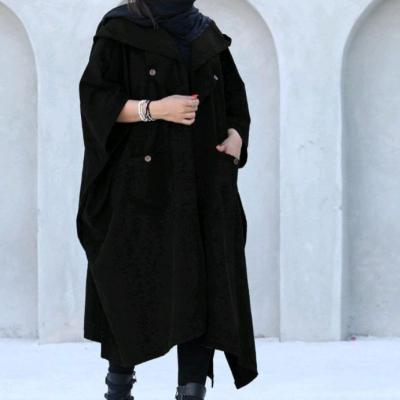 پانچو زنانه مخمل کبریتی ریز مدل پانچ کلاهدار