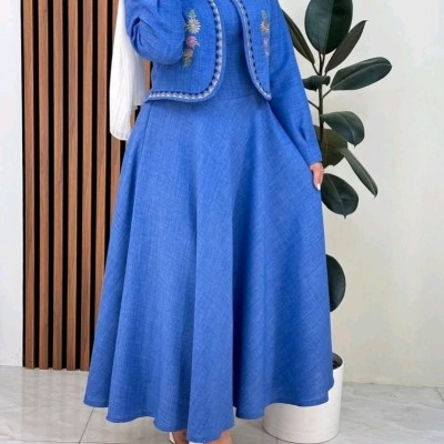 پیراهن زنانه شانتون مدل پیراهن مانتویی و جلیقه گلدوزی