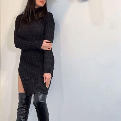 مانتو بافت پشمی مدل یقه دوبل آستین بلند پایین لباس چاک دار