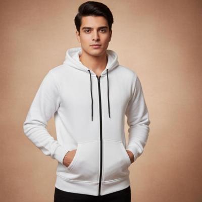 سویشرت دورس کلاهدار زیپی سه‌نخ پنبه داخل کرک رنگ سفید– گرم، راحت و باکیفیت