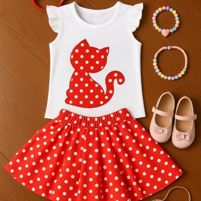 ست تاپ تیکه دوزی و دامن خالخالی دخترانه لباس تابستانی دخترانه-70342