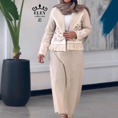 مانتو شلوار زنانه لنین مدل 2 تکه کت ریشدار سوزن دوزی هندی با دامن نچرال (ضمانت کیفیت)