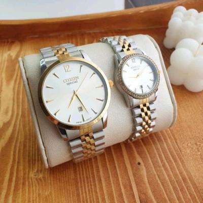 ساعت ست سیتیزن زنانه و مردانه بند استیل دو رنگ صفحه سفید