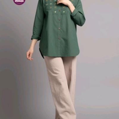 مانتو تابستانه زنانه الیاف طبیعی گلدوزی سبز ترلان