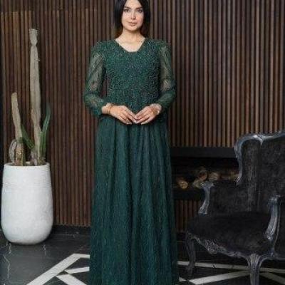 پیراهن مهمانی زنانه گیپور vi مدل ماکسی ماهگل گیپور و سنگ‌دوزی