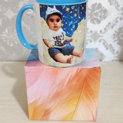 ماگ وارداتی داخل و دسته آبی با عکس و طرح دلخواه شما