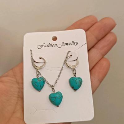 نیمست گردنبند و گوشواره استیل و رنگ ثابت با سنگ فیروزه قلبی