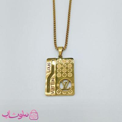 گردنبند مردانه لویی ویتون طلایی با پلاک مستطیل کد 1398