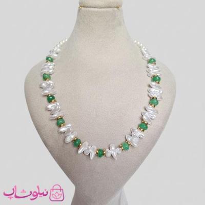 گردنبند زنانه دستساز مدل مروارید دفرمه و سنگ سبز رنگ کد 450