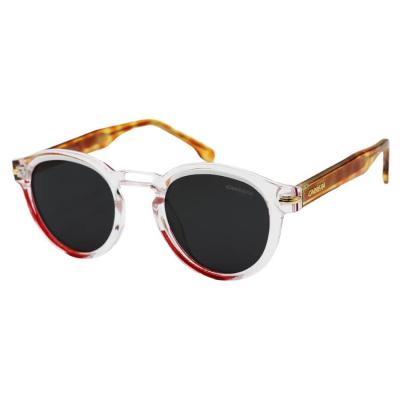 عینک آفتابی پلاریزه Carrera با فریم گرد، بی رنگ، لنز دودی تیره، دسته قهوه ای و سیم دار مدل P581006