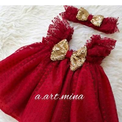 پیراهن دخترونه تور پاپیون طلایی