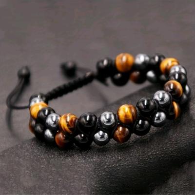 دستبند دو ردیفه سنگ چشم ببر و حدید و اونیکس