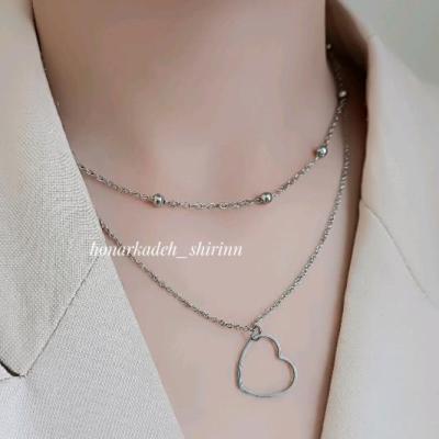 گردنبند دو ردیفه استیل با زنجیر توپی و آویز قلب-157402