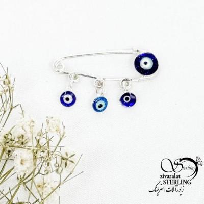 سنجاق سینه با آویز چشم زخم و نقره 925 عیار کد 17335