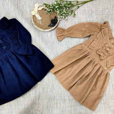 پیراهن دخترانه دو پاپیون آستین دار مخمل کبریتی مدل میترا