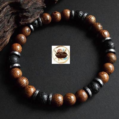 دستبند سنگ لاوا و چوب و حدید واشری