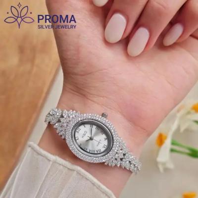 ساعت نقره زنانه بیضی جواهری مدل PRM40