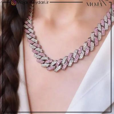 گردنبند کارتیه فول نگین سفیدصورتی کد0024